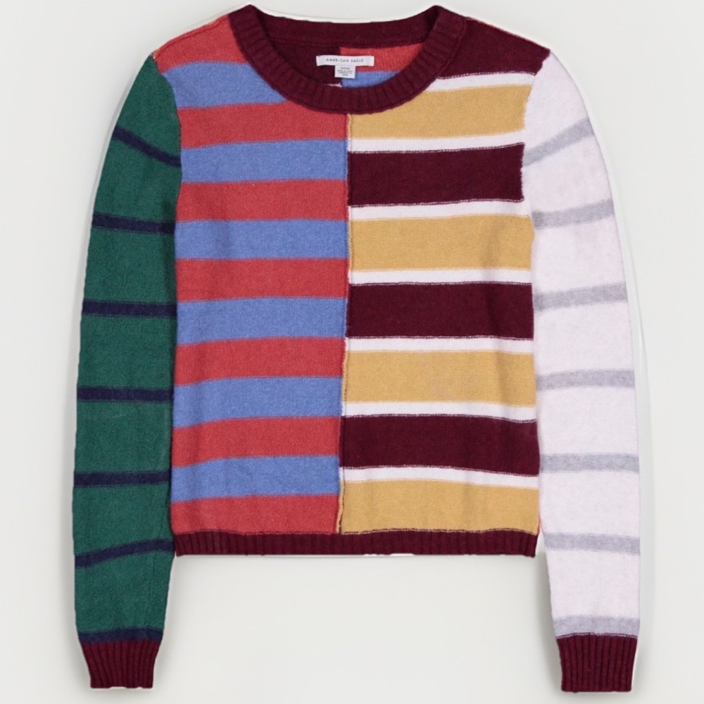 American Eagle Patchwork Crew Neck Sweater Stripe… - image 1